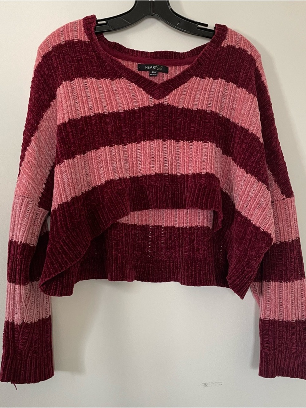 Pink Red Striped Cropped Knit Sweater Large Cozy Soft